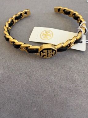 Tory Burch Gold and Black Chain-Link Logo Cuff
